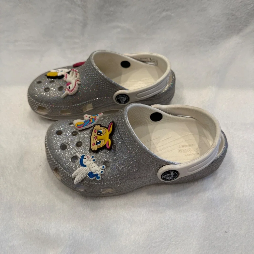 Crocs Kids Classic‎ Glitter Clog Silver Sparkle Unicorn Mermaid Charms Size C10